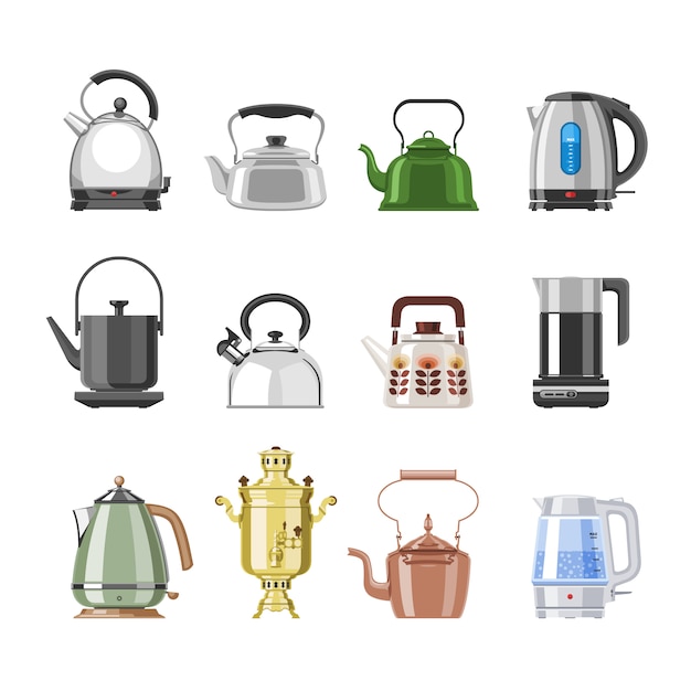 Чайник и чайник чайник или самовар, чтобы пить чай на чаепитие и вареные кофейные напитки в электрическом котле на кухне иллюстрации набор посуды, изолированных на белом фоне