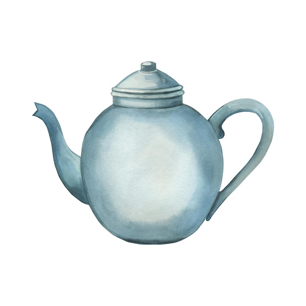 teapot for brewing blue round ceramic teapot watercolor illustration all elements are handpainted with watercolors suitable for printing on fabric and paper textiles kitchen