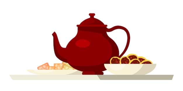 Иллюстрация чайник и печенье, красный старинный чайник с конфетами в тарелках, изолированные на белом фоне.