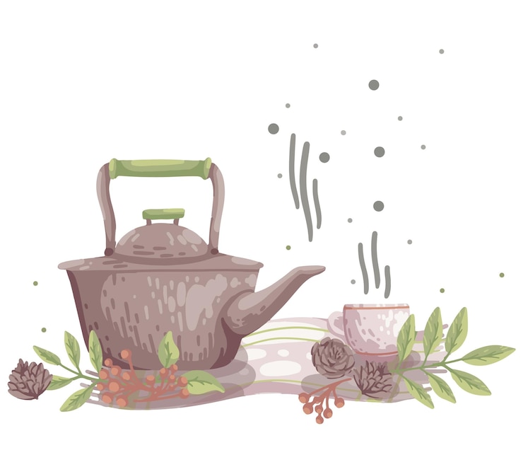 Vector teapot, cup, green leaves