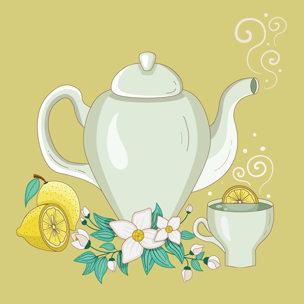 Vector teapot and cup of jasmine tea with lemon