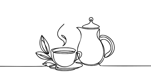 Vector teapot and cup of tea in continuous line art drawing style herbal tea black linear design isolated on white background