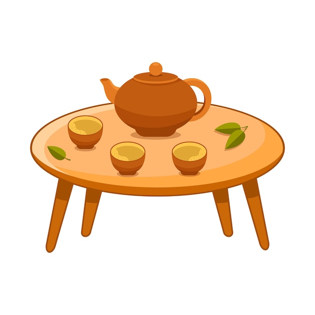 Vettore teiera e tazza sul tavolino in legno. tradizione dell'ora del tè. illustrazione vettoriale