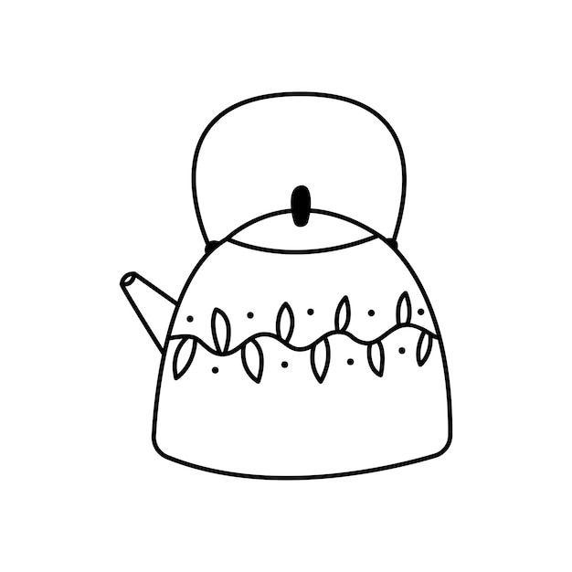 Teapot doodle linear Cute kettle with patterns Tea party element on a white background Hand drawn