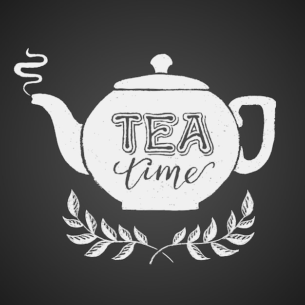 Vettore teiera disegnata sulla lavagna con scritte tea time