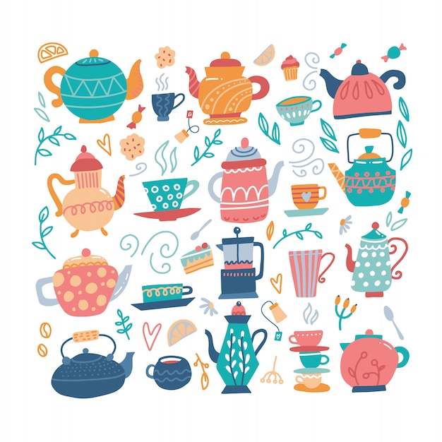 Vector teapot hand drawn big set with cups and sweeties.