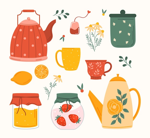 Teiera disegnata a mano grande set con tè e bollitore bollitore isolato marmellata miele tè e caffè