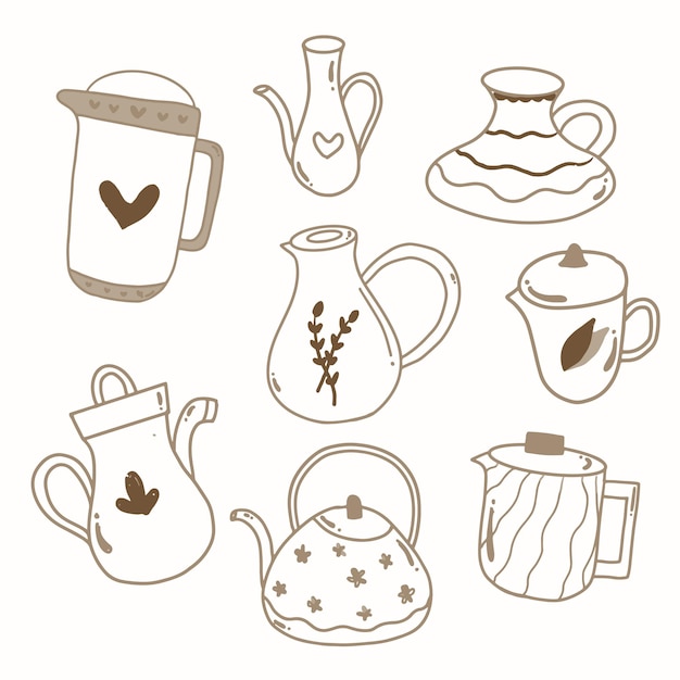 Teapot hand drawn collection in outline style