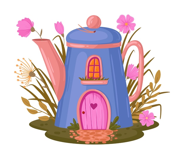 Vettore casa della teiera cottage della teiera di favole cartoni animati cottage magica di favole con illustrazione vettoriale piatta di fiori casa carina di fantasia