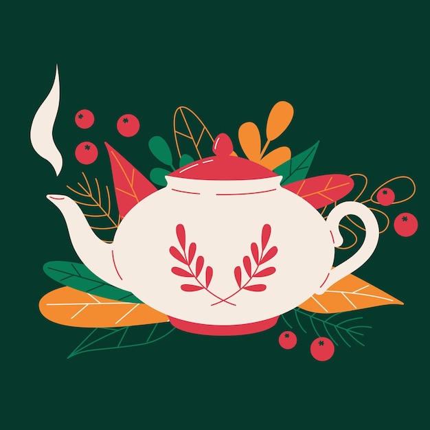 Vector teapot illustration on leaf background