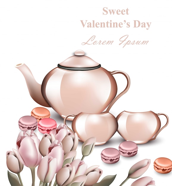 Vector teapot and macaroons vector card. romantic breakfast concept valentine days