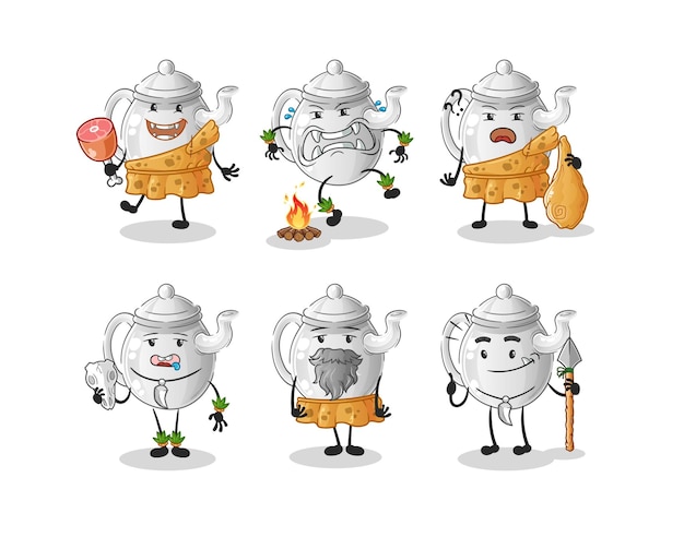 Teapot primitive man group character mascot vectorxA