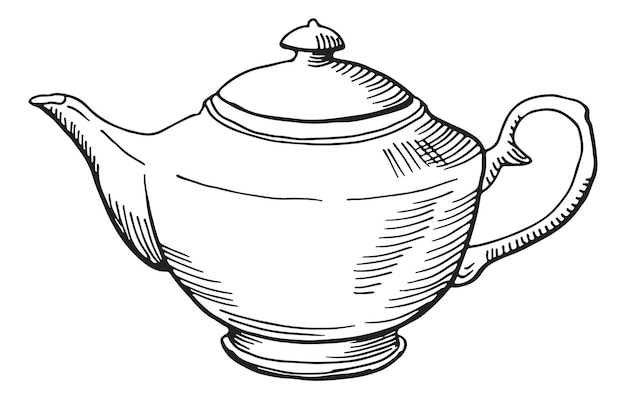 Teapot sketch Hand drawn classic ceramic tea vessel isolated on white background