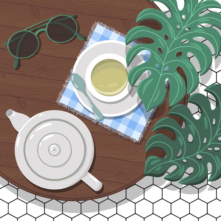 Vector teapot tea cup glasses and spoon on the table trendy top down view illustration with monstera