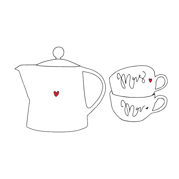 Teapot with a heart and 2 cups Mrs and Mr with hearts Vector isolated tea couple