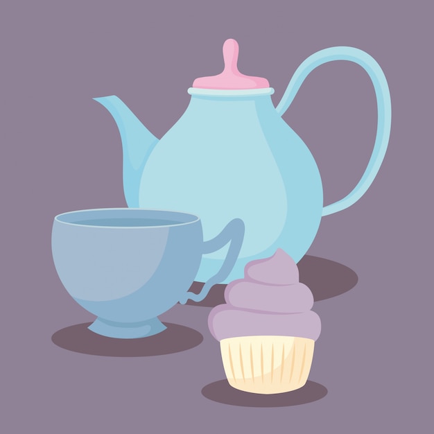 Vector teapot with sweet cupcake