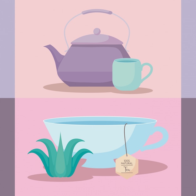 Vector teapot with teacup of herbs