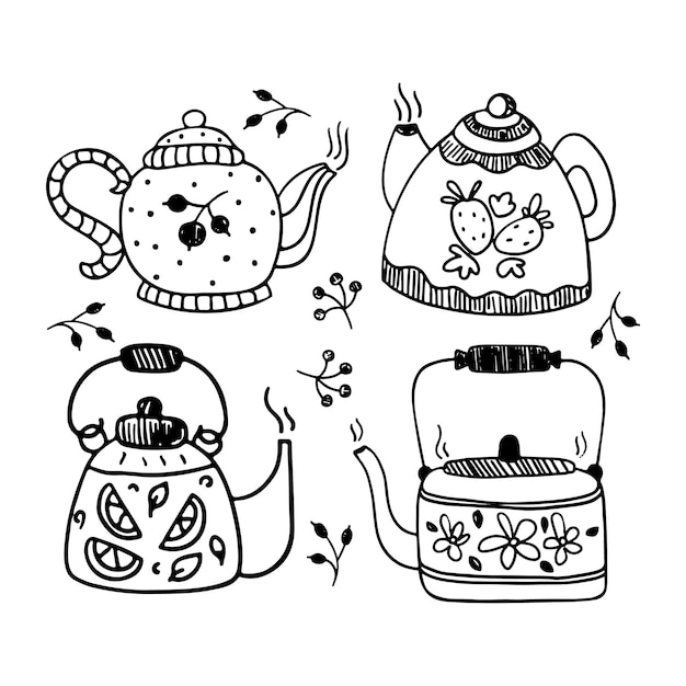 Vector teapots collection vector hand drawn sketch illustration