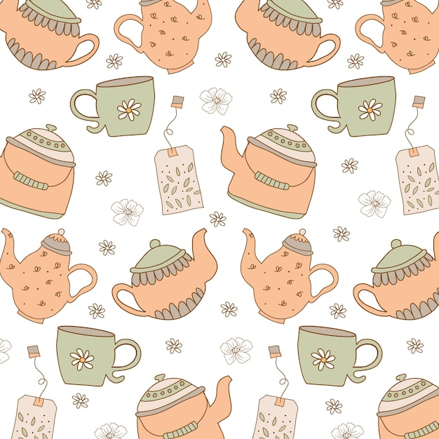 teapots and tea bags pattern background. vector illustration