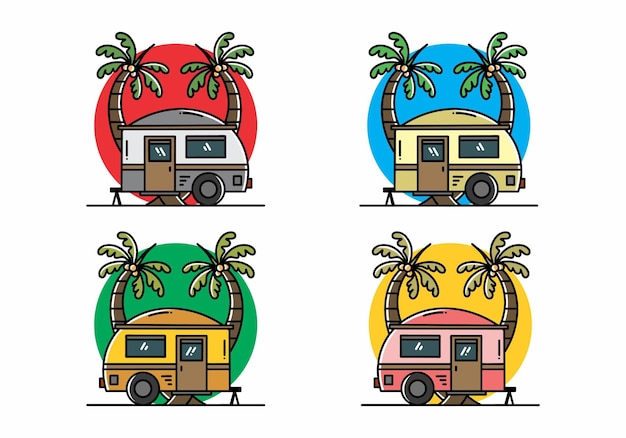 Vector teardrop camper and coconut tree illustration design