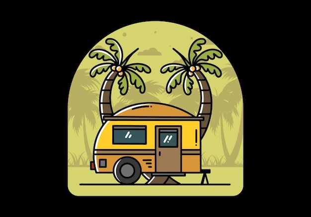 Teardrop camper en kokospalm illustratie ontwerp