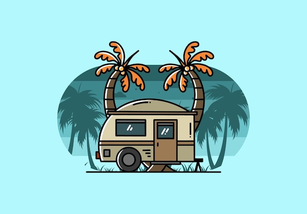 Teardrop camper en kokospalm illustratie ontwerp