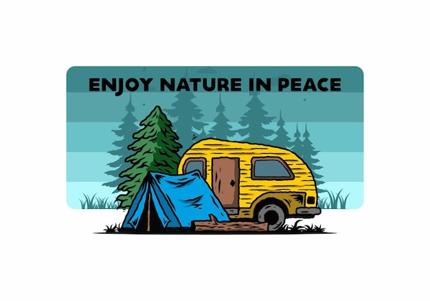 Teardrop camper and tent in front of pine tree illustration