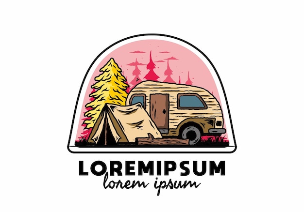 Teardrop camper and tent in front of pine tree illustration