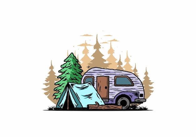 Camper e tenda a goccia davanti all'illustrazione dell'albero di pino