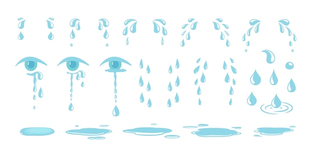 Vector tears drops water drop crying eyes emotional expression eye with teardrop cartoon rain and puddle vector elements