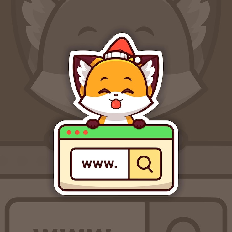 Vector teasing christmas fox holding a web search icon sticker design vector web developer sticker
