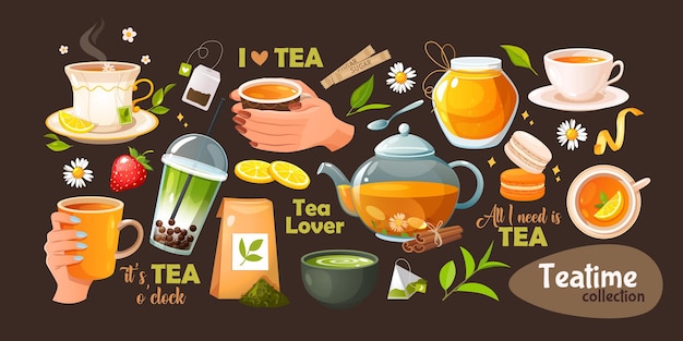 ティータイムのシンボルのコレクションには,様々な種類の茶,様々な陶器,甘いものなどが含まれています.