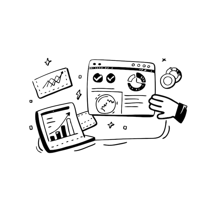 Vector tech analytics hand drawn doodle line art flat vector illustration on white background