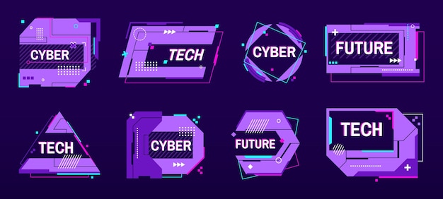 Tech banner frames Cyber futuristische labels en digitale glitch badge templates met abstracte sci fi tekstboxen en hi tech ontwerp elementen Glitched label layouts vector set