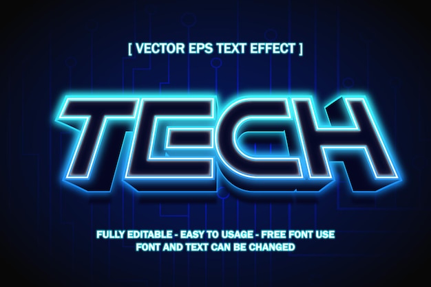 Tech blu neon bagliore tecnologia stile testo modificabile effetto vettore premium