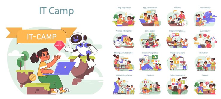 Vector tech camp for children set computer science ai vr technologies