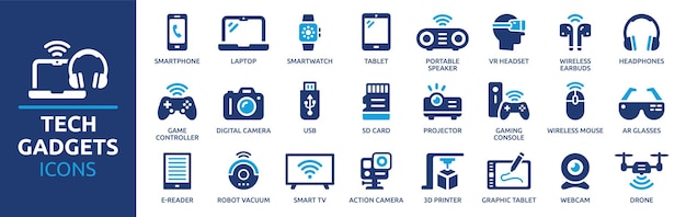 Tech gadgets icon set Containing smartphone laptop tablet smartwatch drone headphones digital