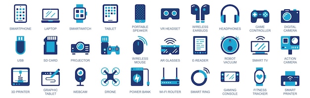 Tech gadgets icon set in flat duotone solid icons web design Pack pictograms with smartphone laptop smartwatch tablet portable speaker vr headset wireless earbuds other Vector illustration