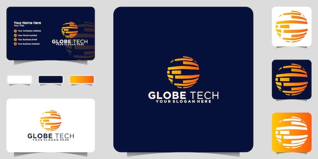 Design del logo del globo tecnologico con strisce e biglietto da visita