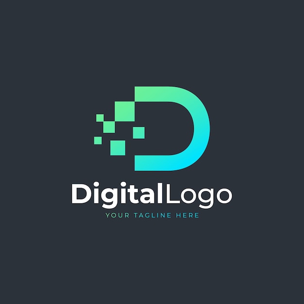 Vettore logo tech letter d forma geometrica blu e verde con loghi con tecnologia square pixel dots