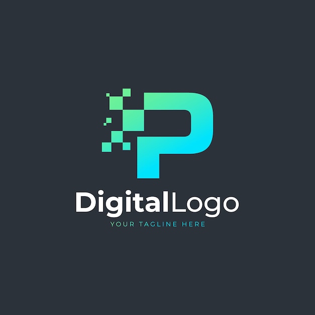 Vector tech letter p logo blauwe en groene geometrische vorm met vierkante pixel dots technologie logo's