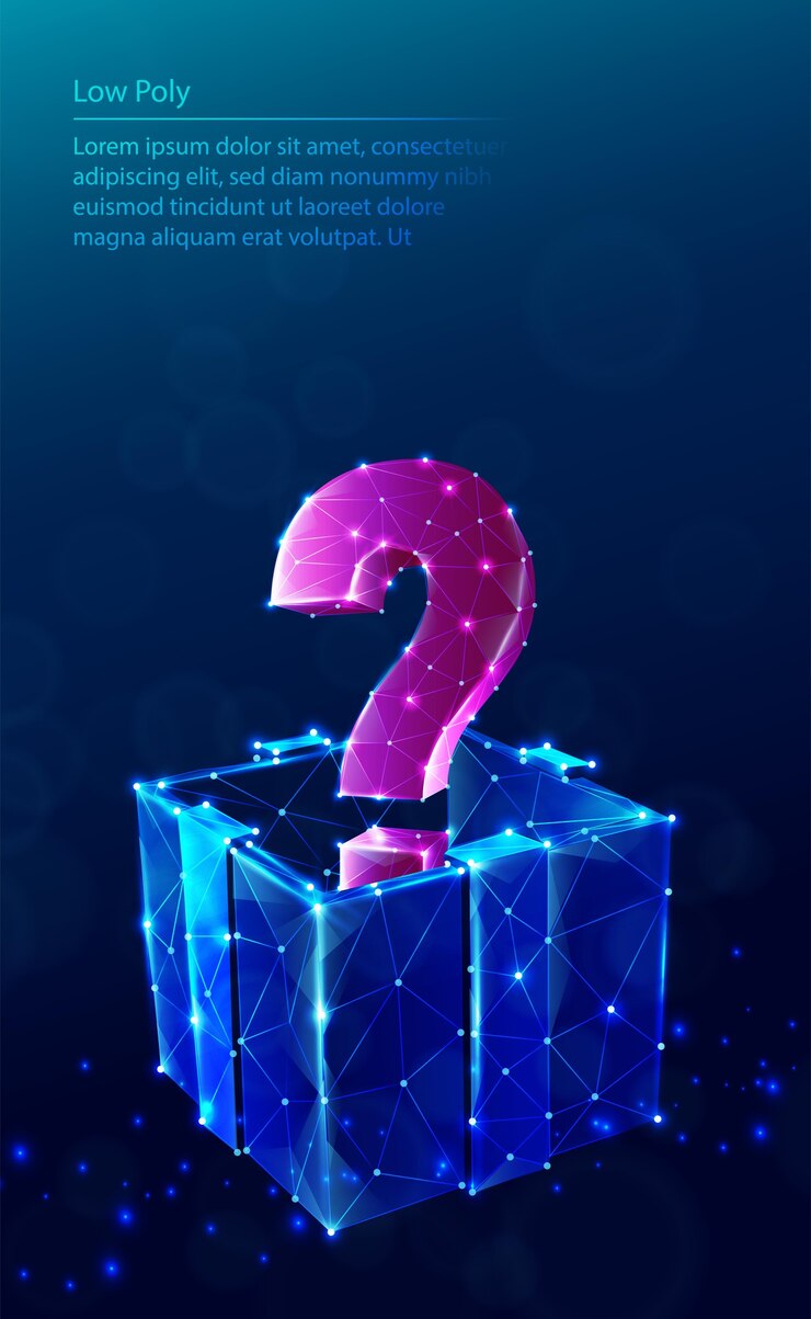 Vector  tech low poly blue background. with present gift box and question sign.