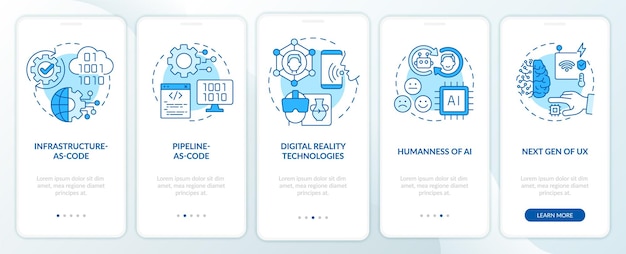 Tech macro trends blue onboarding mobile app screen Digital systems walkthrough 5 steps graphic instructions pages with linear concepts UI UX GUI template Myriad ProBold Regular fonts used