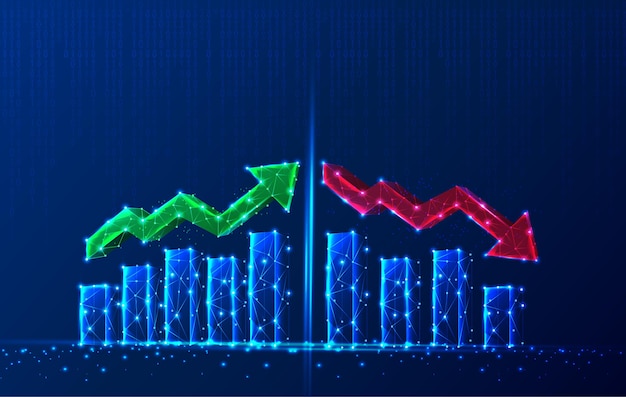 Tech polygonal growth chart with up and down red and green arrows and charts