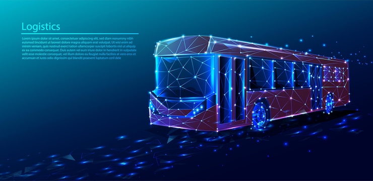 Vector tech polygonal technology background with red bus transport service