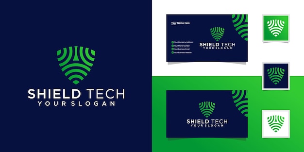 Tech shield security logo ontwerpsjabloon en visitekaartje