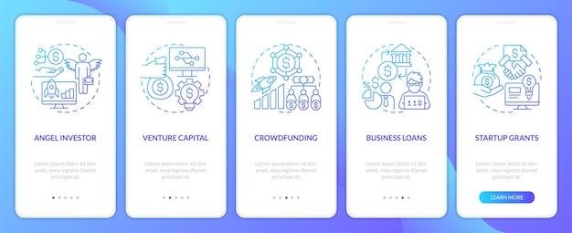 Schermata dell'app mobile per l'onboarding del gradiente blu delle opzioni di finanziamento dell'avvio tecnologico