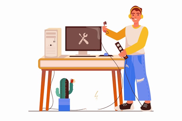 Vector tech support concept with people scene in the flat cartoon style a technical specialist is repairing