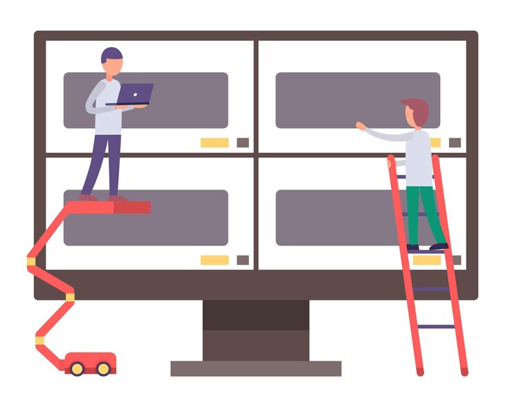 Vector tech support of website man holding laptop standing at crane looking at screen of computer worker at ladder touching screen admin and programmer fixing website isolated cartoon characters