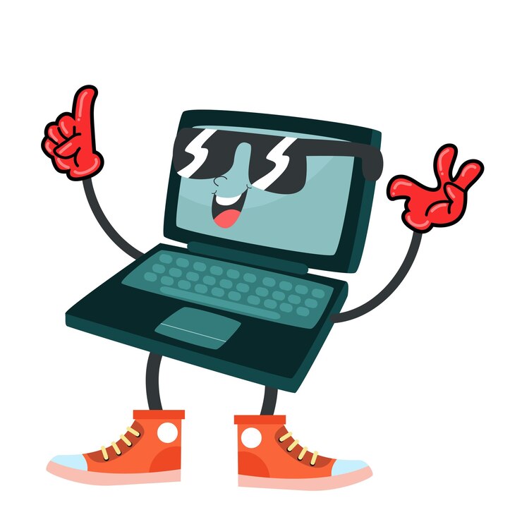 Vector 테크 테일스 만화 노트북 캐릭터와 터 디지털 장치